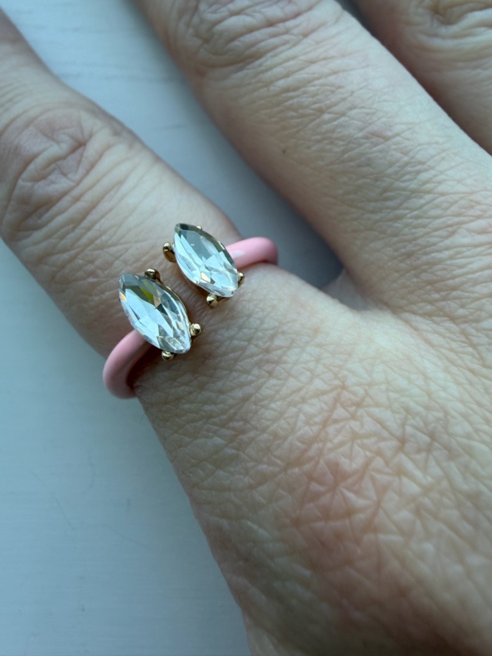 Adjustable Pastel Pink Enamel Open Ring With Cubic Zirconia Accent Crystals